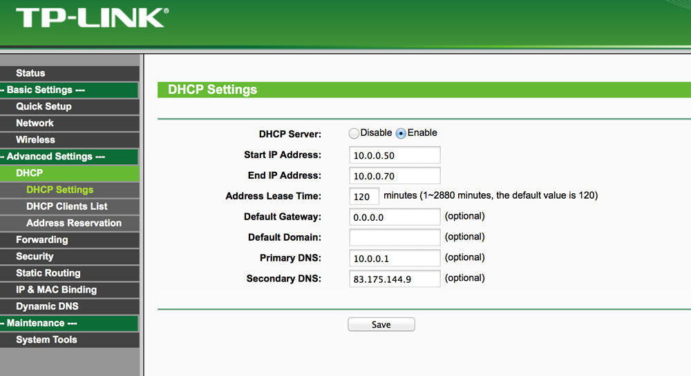 Включение DHCP на роутере