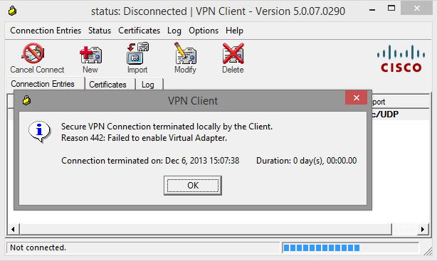 cisco vpn client error code 443