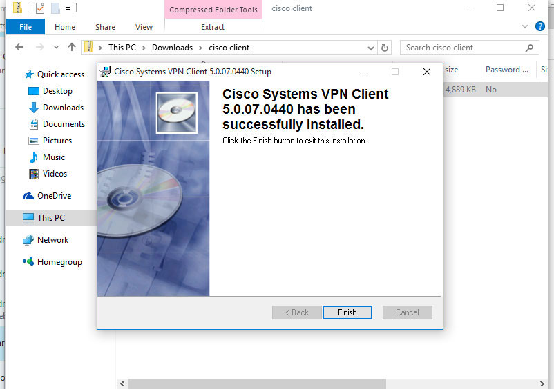 Успешная инсталляция Cisco VPN Client
