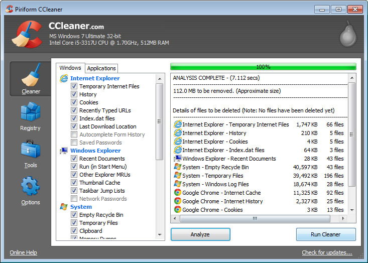 Очистка системы с помощью CCleaner