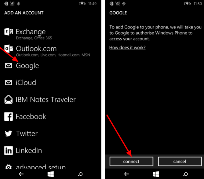 Добавление службы Google на Windows Phone