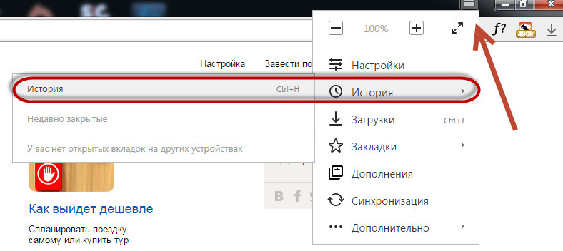 Посещенные сайты в Яндекс.браузере