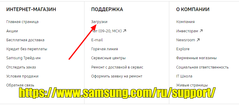 Загрузки на сайте поддержки продукции Samsung