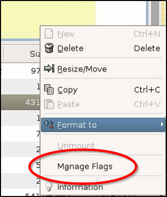 Пункт Manage Flags в GParted
