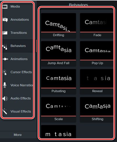 Панель с эффектами в Camtasia Studio