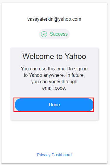 Успешная регистрация в Yahoo