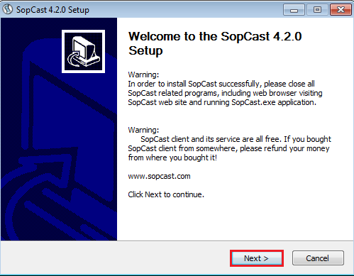 Начало установки программы SopCast