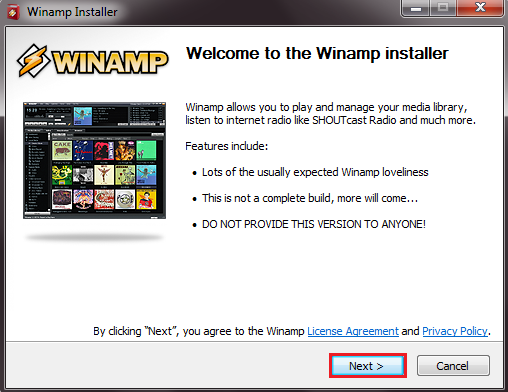 Начало установки программы Winamp
