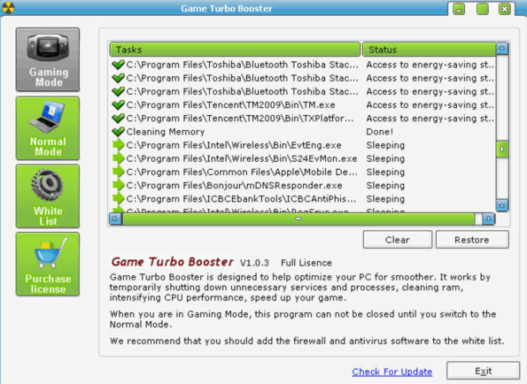 Интерфейс программы Game Turbo Booster
