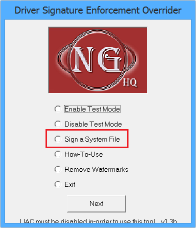 Пункт Sign a System File