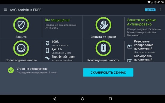 AVG AntiVirus FREE для планшетов Android