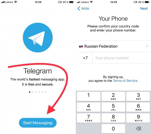 Ввод номера при регистрации в Telegram