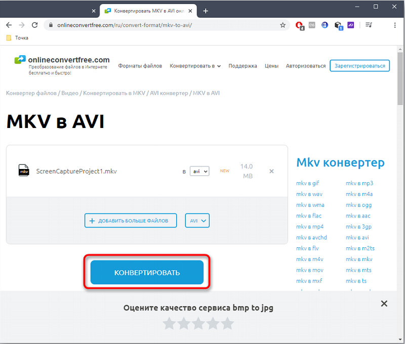 Запуск конвертирования MKV в AVI