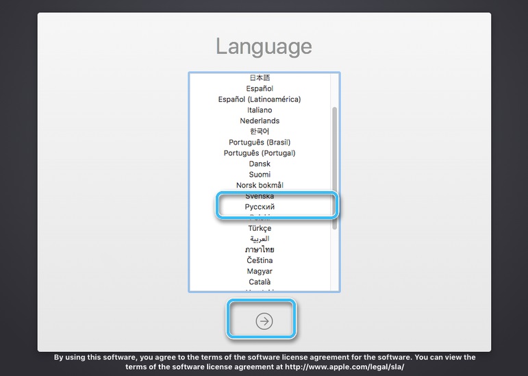 Выбор языка установки macOS