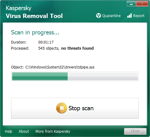 Процесс сканирования в Kaspersky Virus Removal Tool