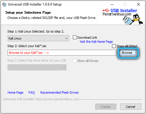 Путь к образу в Universal USB Installer