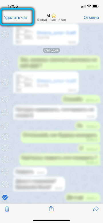 Удаление чата в Telegram на iPhone