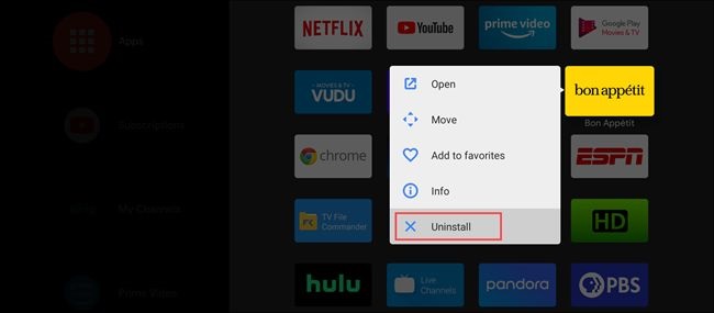 Удаление приложения на Android TV