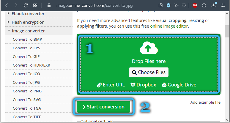 Выбор файла и старт конвертирования на Online-convert