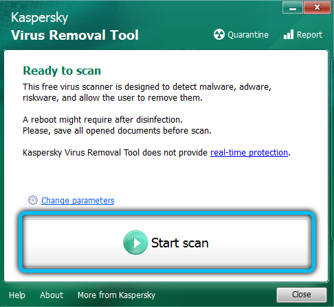 Запуск сканирования в Kaspersky Virus Removal Tool