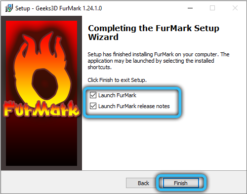 Завершение установки программы FurMark
