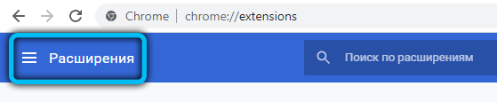 Кнопка «Расширения» в Google Chrome