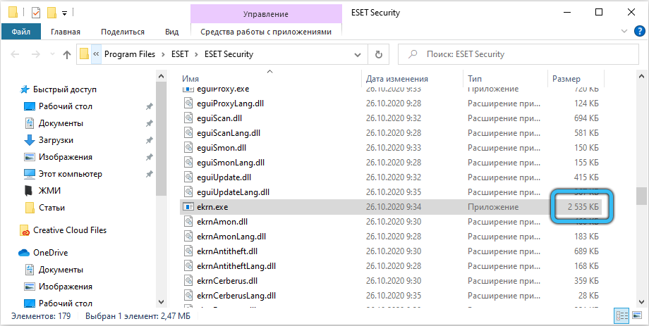 Размер файла ekrn.exe в Windows