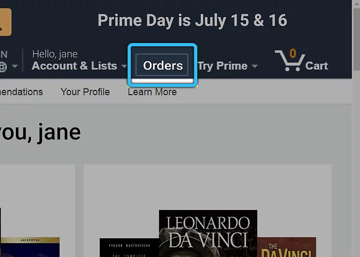 Вкладка «Orders» на Amazon