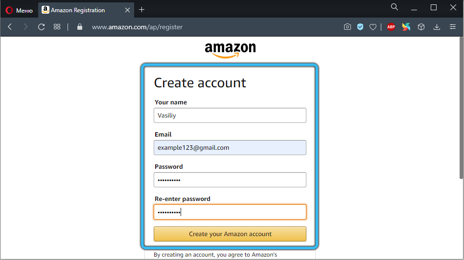 Ввод данных для создания аккаунта на Amazon