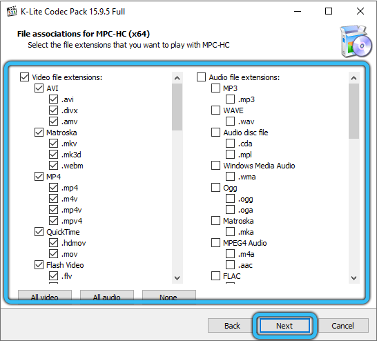Выбор форматов для установки пакета K-Lite