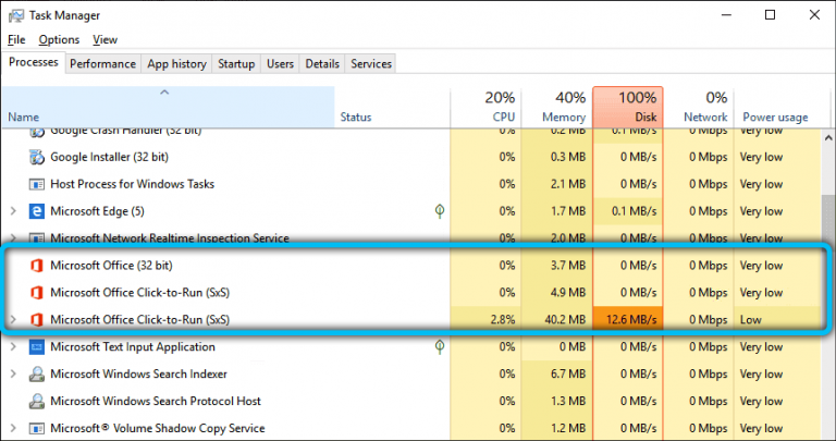 task manager shows 100 disk microsoft office click to run