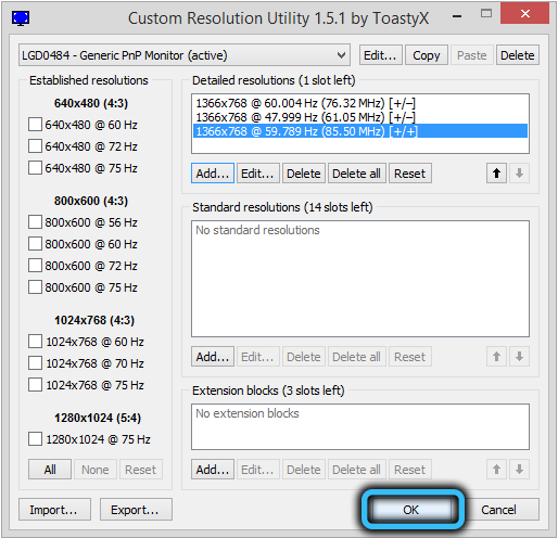 Кнопка «OK» в Custom Resolution Utility