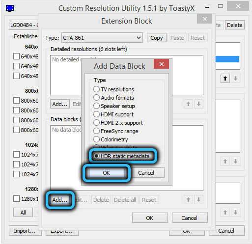 Параметр «HDR static metadata» в Custom Resolution Utility