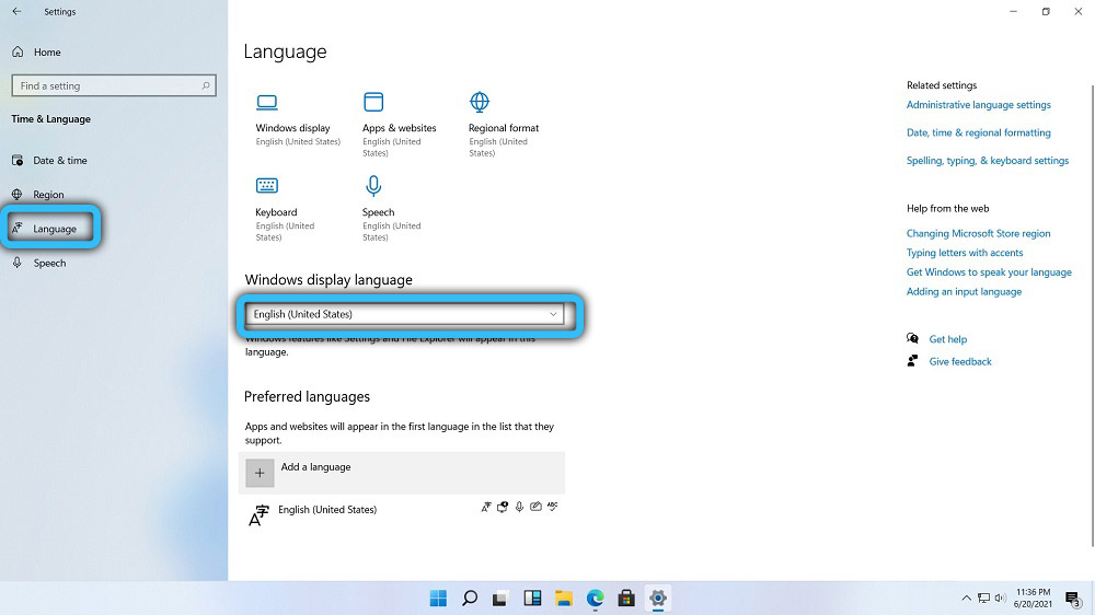 Раздел Language в Windows 11
