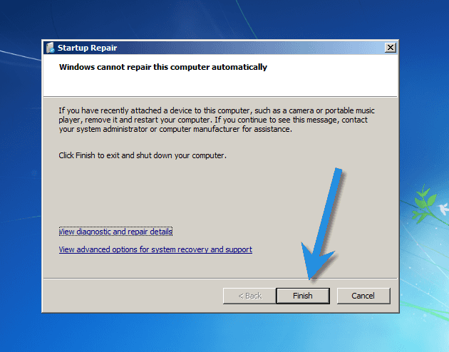 Кнопка «Finish» в Windows 7