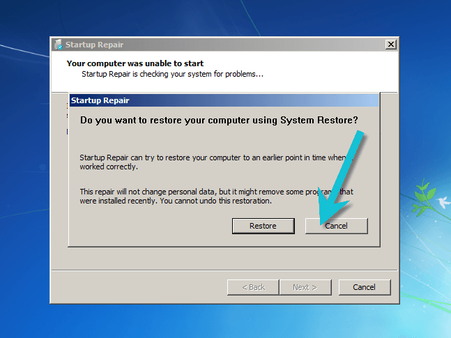 Подтверждение отмены восстановления Windows 7