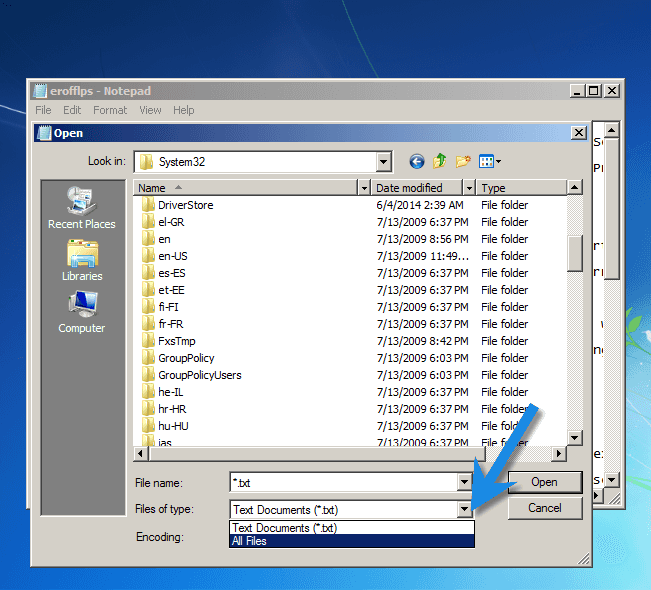 Пункт «Все файлы» в Windows 7