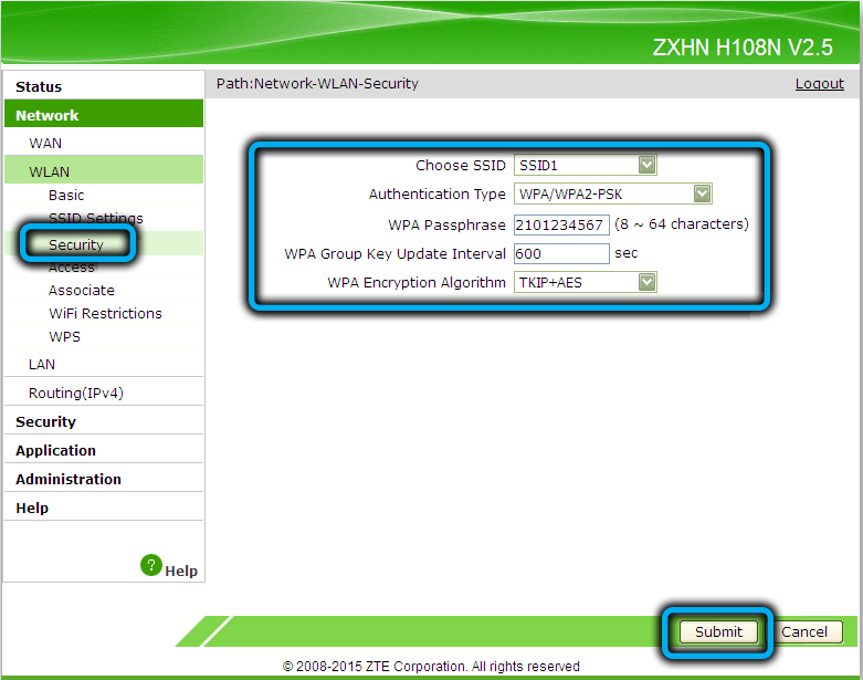 Раздел «Security» на ZTE ZXHN H118N