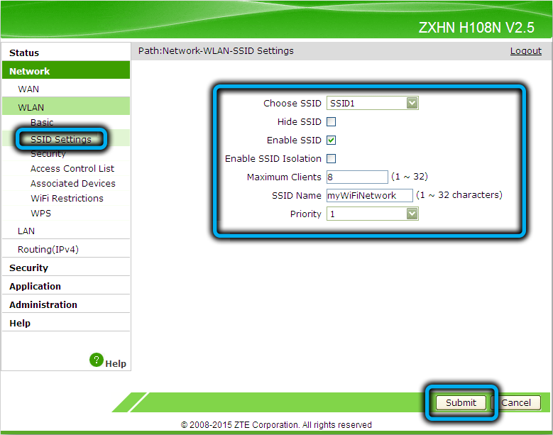Раздел «SSID Settings» на ZTE ZXHN H118N