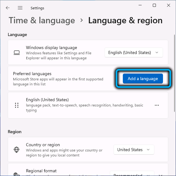 Кнопка «Add a language» в Windows 11