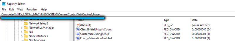 Папка Power в реестре в Windows 11