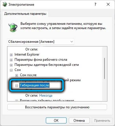 Пункт «Гибернация после» в Windows 11