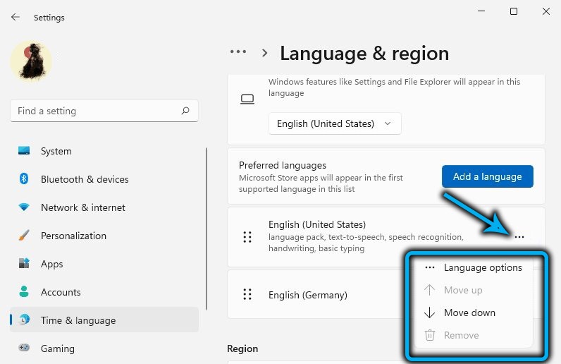 Раздел «Предпочитаемые языки» в Windows 11