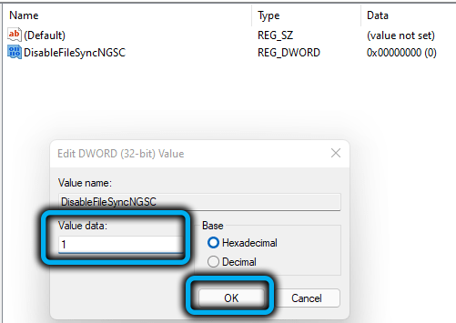 Значение параметра «DisableFileSyncNGSC» в Windows 11