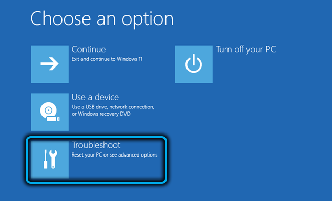 Кнопка «Устранение неполадок» в Windows 11