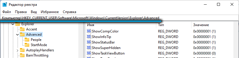 Папка Advanced в реестре Windows 11