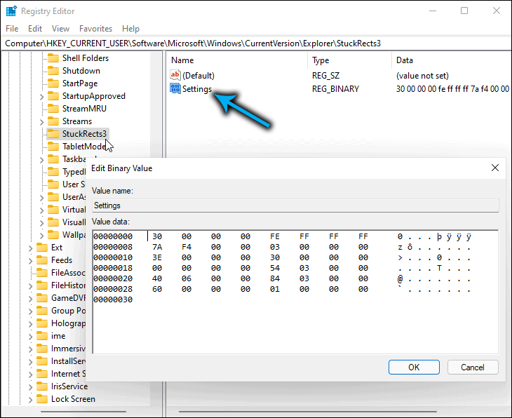 Параметр Settings в реестре Windows 11
