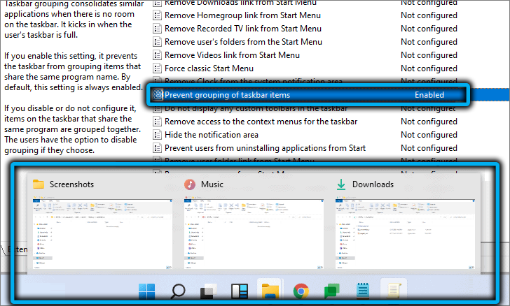 Параметр «Запретить группирование элементов панели задач» в Windows 11