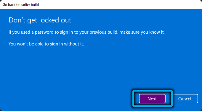 Предупреждение о пароле при откате к Windows 10