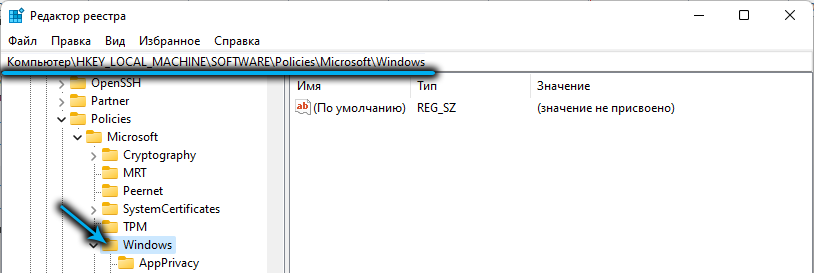 Папка Windows в реестре Windows 11